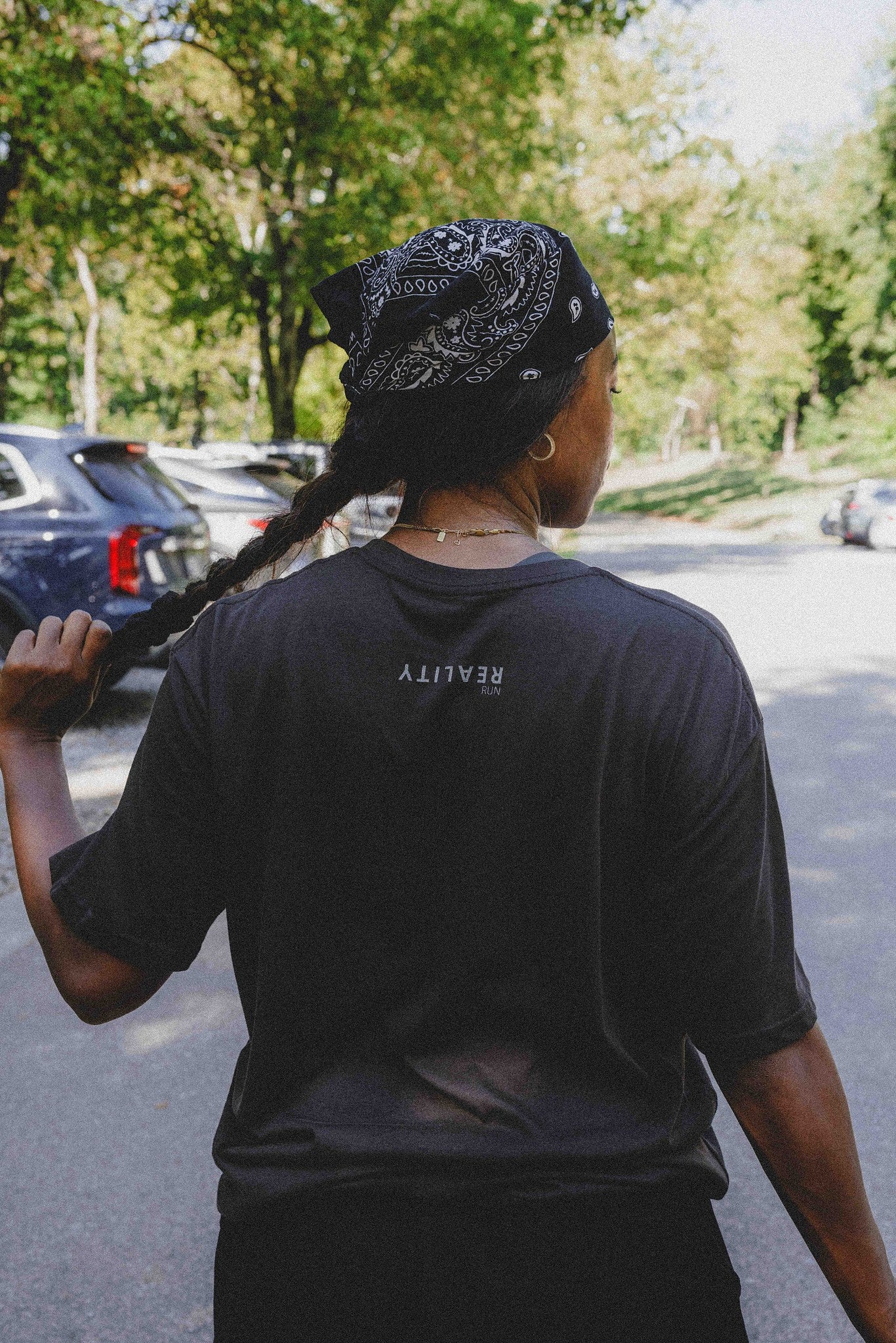 Reality Run Perspective Tee in Charcoal, back view